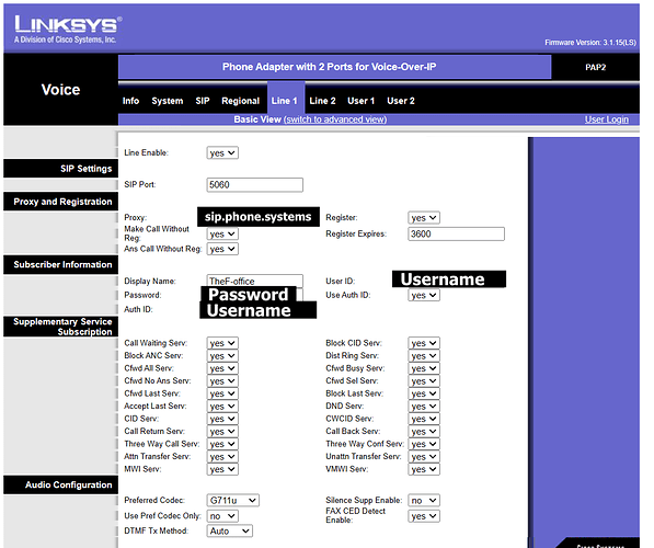 Screenshot of Linksys ATA settings